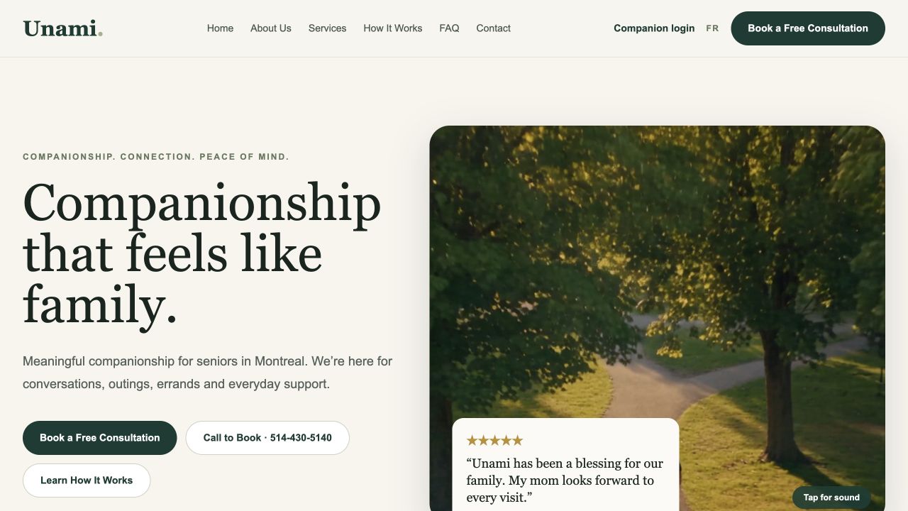 Unami Montreal senior companionship homepage